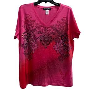 APPROPRIATE BEHAVIOR Red Pink swirl all over pouring v neck tee NWT Plus sz 1X